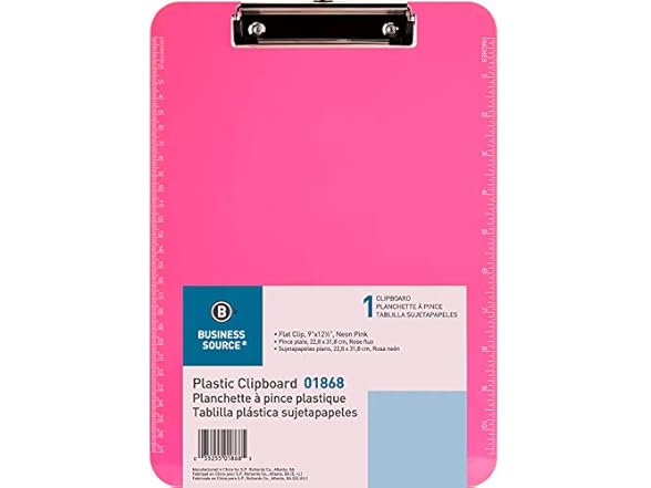 Business Source Neon Pink Transparent Plastic Clipboard
