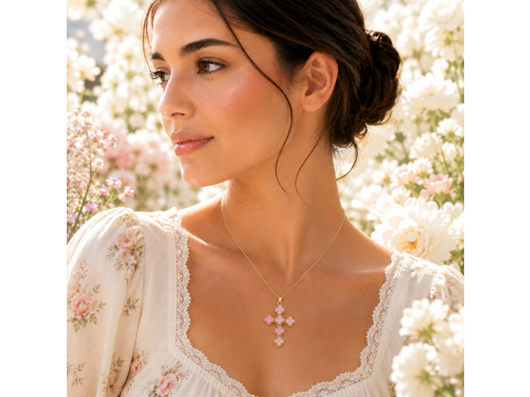 Gold Plated Pink Clover Cross Pendant