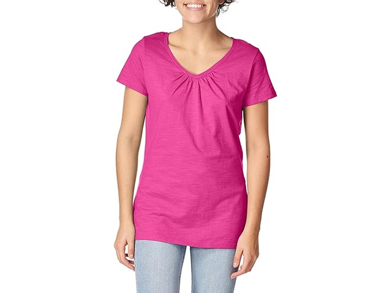 Hanes Women's Shirts, Slub Cotton Shirred V-Neck Tee, Cotton T-Shirts for Women, Women’s Tee Shirts
