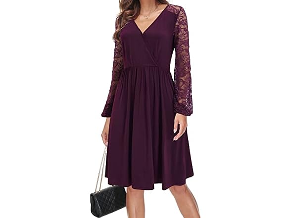 Ouges Women (XL) Dress Lace Long Sleeve Midi Dress