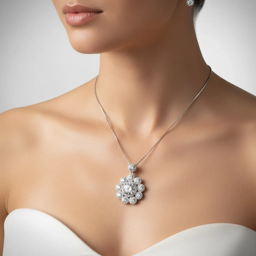 Moissanite Diamond Floral Halo Necklace - Gallery 7