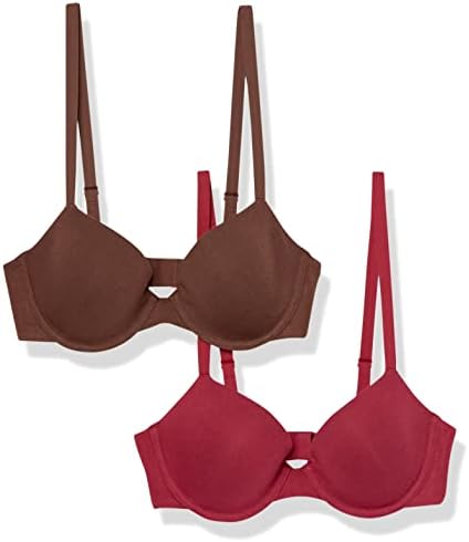 Amazon Essentials Women's Demi Cup Cotton Bra, Pack of 2, Chocolate/Red, 38D