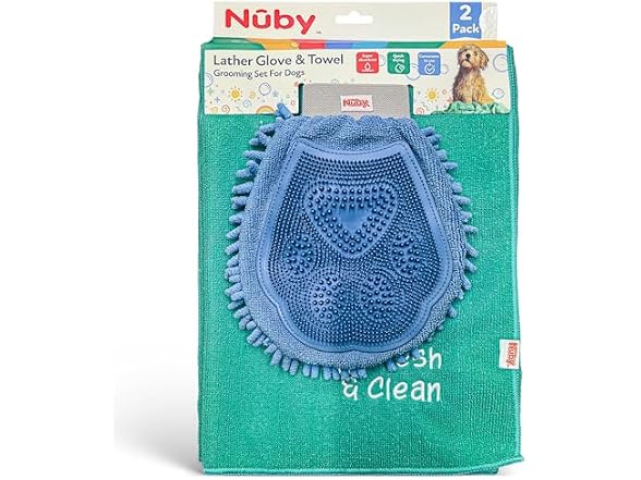 Nuby Pet Grooming Glove with Silicone Bristles & Quick-Dry Towel