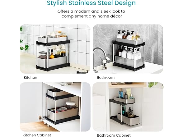 Home Zone Living 2-Tier Stainless Steel Cabinet Pull Out Organizer 
