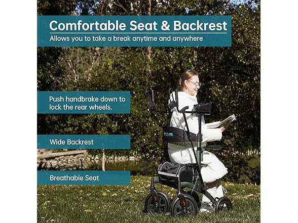 ELENKER All-Terrain Upright Rollator Walker, Stand up Rolling Walker with Seat, 12” Non-Pneumatic Tire Wheels, Compact Folding Design for Seniors, Green (Open Box)