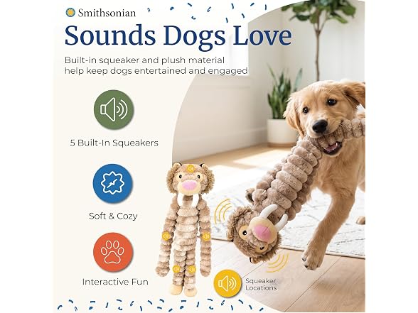 Smithsonian Long Animals Dog Toy, Stuffing-Free Tiger