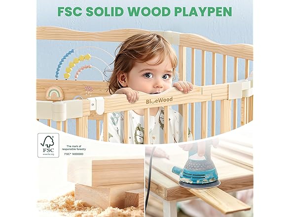 Foldable Wooden Playpen - Adjustable Wood Baby Play Yard with Child-Proof Lock, Indoor Large Safety Fence for Babies and Toddlers - Easy Assembly, 55 x 55 x 24 inches, Rainbow Dream, Natural (Open Box)