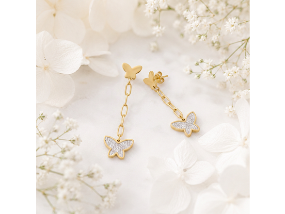 18K Gold Butterfly Chain Drop Earrings