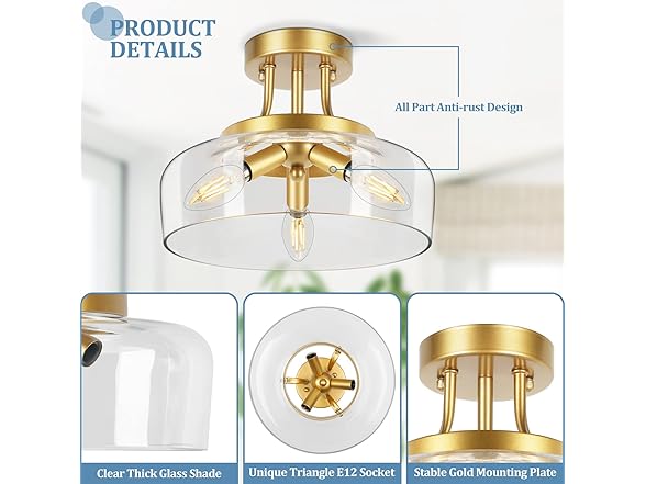 TOBUSA 3-Light Semi Flush Mount Light Fixture