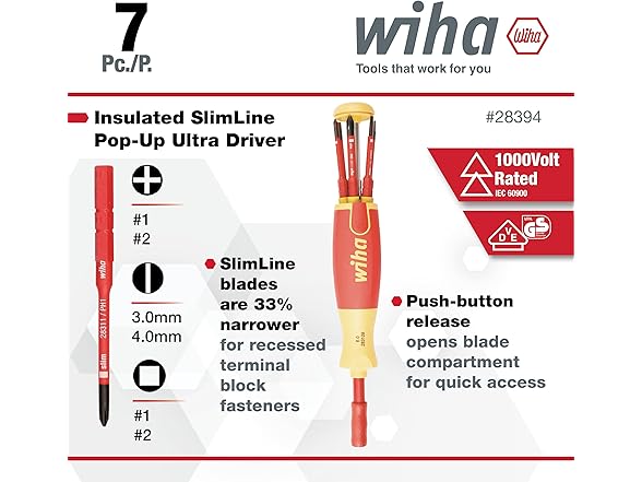 Wiha 28394 Insulated Slimline Driver Blade Set 7pc