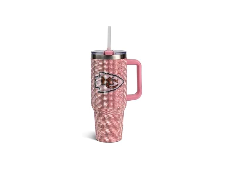 The Memory Company Officially Licensed 40oz Pink Game Day Bling Stainless Steel Tumbler - Premium Insulated Double-Wall Travel Cup With Handle and Straw Lid