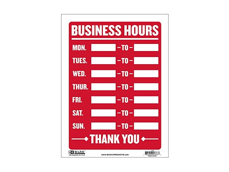 BAZIC Products Business Hours Sign, 12