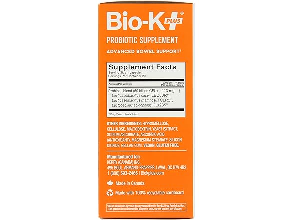 Bio-K Plus PROBIOTIC Bowel Support, 20 Capsules