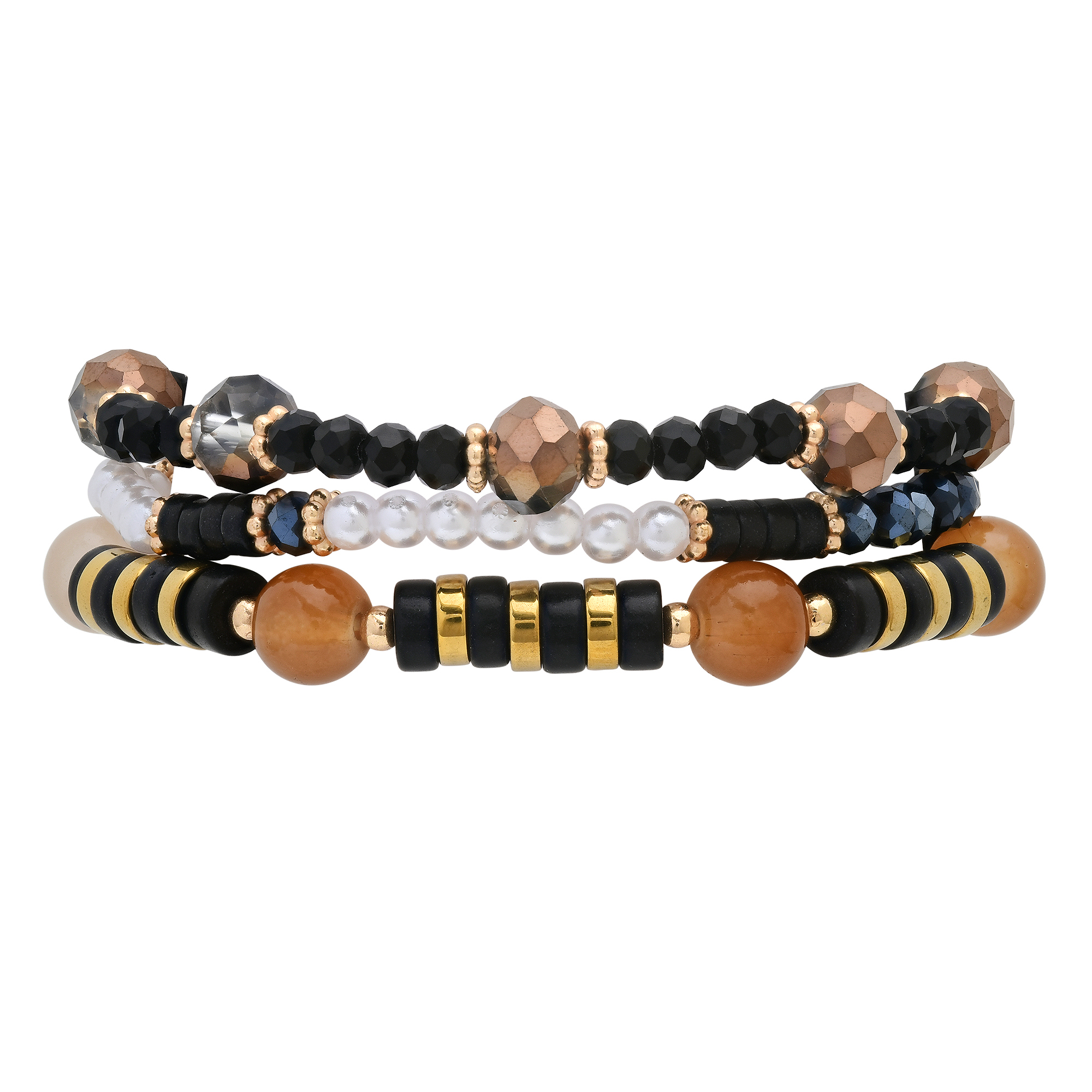 Stretch Beaded Bracelet Stack with Brown & Gold Charm - Gallery 4