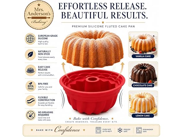 Mrs. Anderson's Baking Silicone Bundt Cake Pan, 9 Inch
