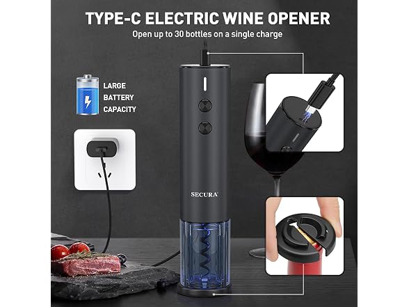 Secura Stainless Steel Electric Wine Opener, Black