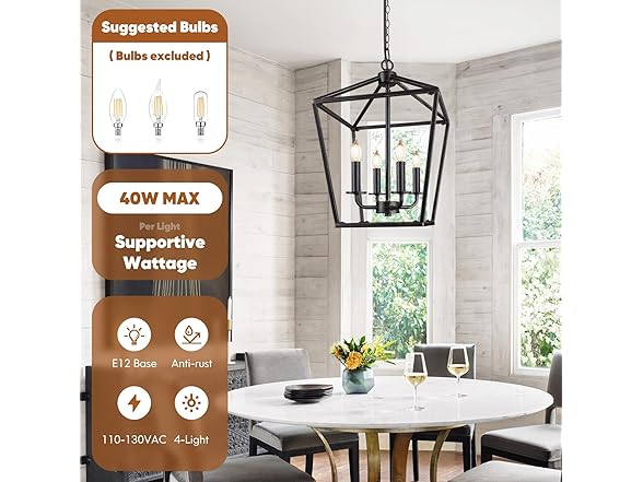 Farmhouse Chandelier 4-Light, Black & Gold Pendant