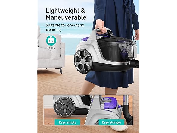 Aspiron Canister Vacuum Cleaner, 40Kpa Bagless Vacuum Cleaners, 4QT Large Dust Cup, Double HEPA Filter, Retractable Cord, 1600W Lightweight Vacuum Cleaner with 5 Tools for Hard Floors, Silver (Open Box)
