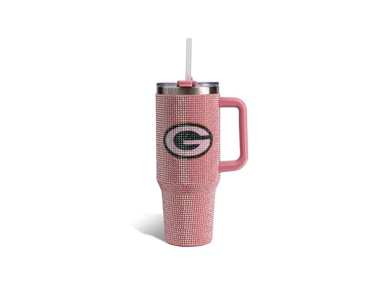 The Memory Company Officially Licensed 40oz Pink Game Day Bling Stainless Steel Tumbler - Premium Insulated Double-Wall Travel Cup With Handle and Straw Lid