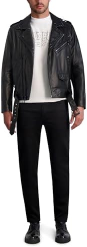 Karl Lagerfeld Paris Men's Exposed Zippers and Studs Biker Leather Jacket, Black