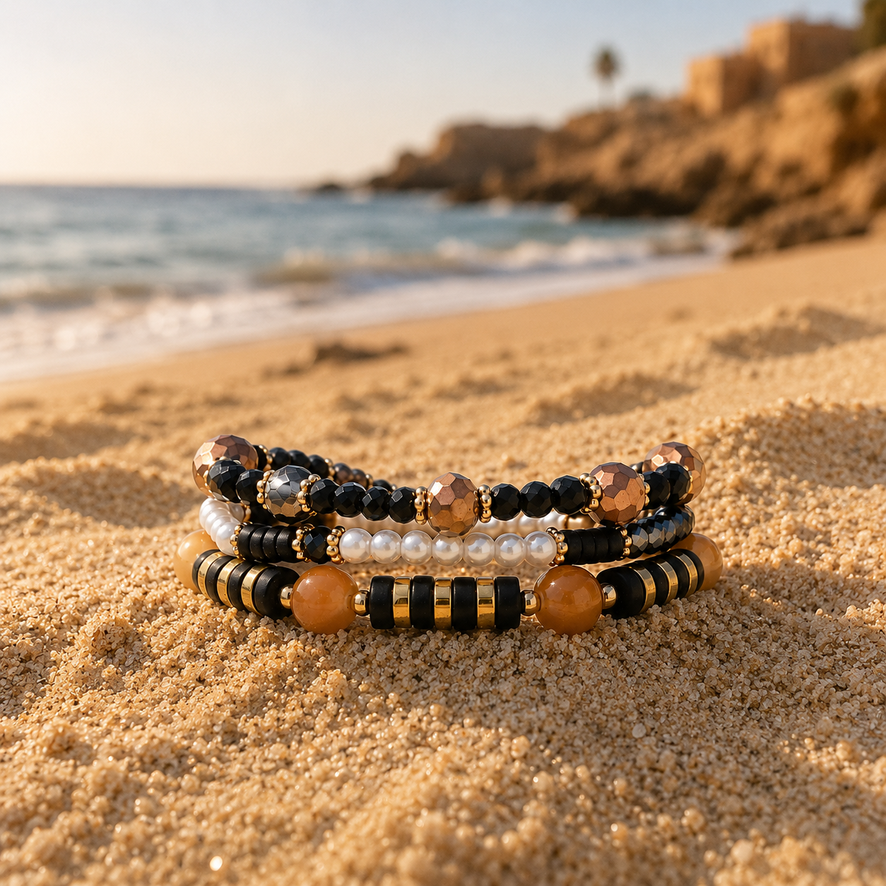 Stretch Beaded Bracelet Stack with Brown & Gold Charm - Gallery 5