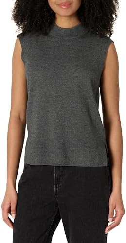 Amazon Essentials Women's Regular-Fit Cap Sleeve Pullover Mock Neck Sweater Top, Charcoal Heather, X-Large