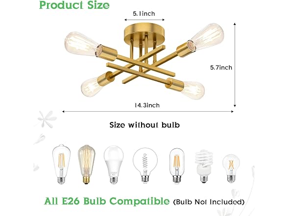 TOBUSA Gold Semi Flush Mount Ceiling Light Fixture