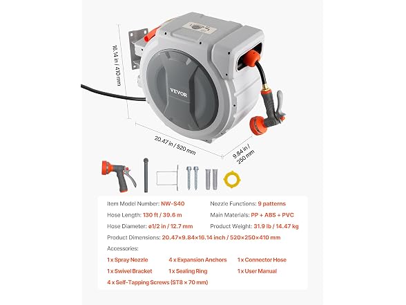 Retractable Hose Reel, 130 ft x 1/2 inch, 180°