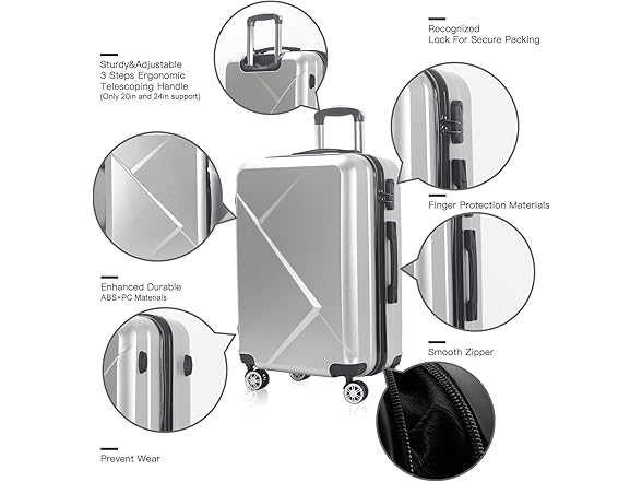 Edtian 3-Piece Luggage Sets - PC+ABS Suitcases  Silver