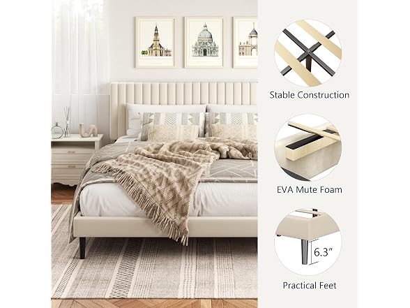 King Platform Bed, Velvet Headboard