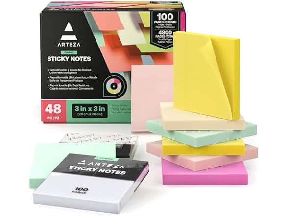 ARTEZA Sticky Notes 3x3 inches, 48 Sticky Pads