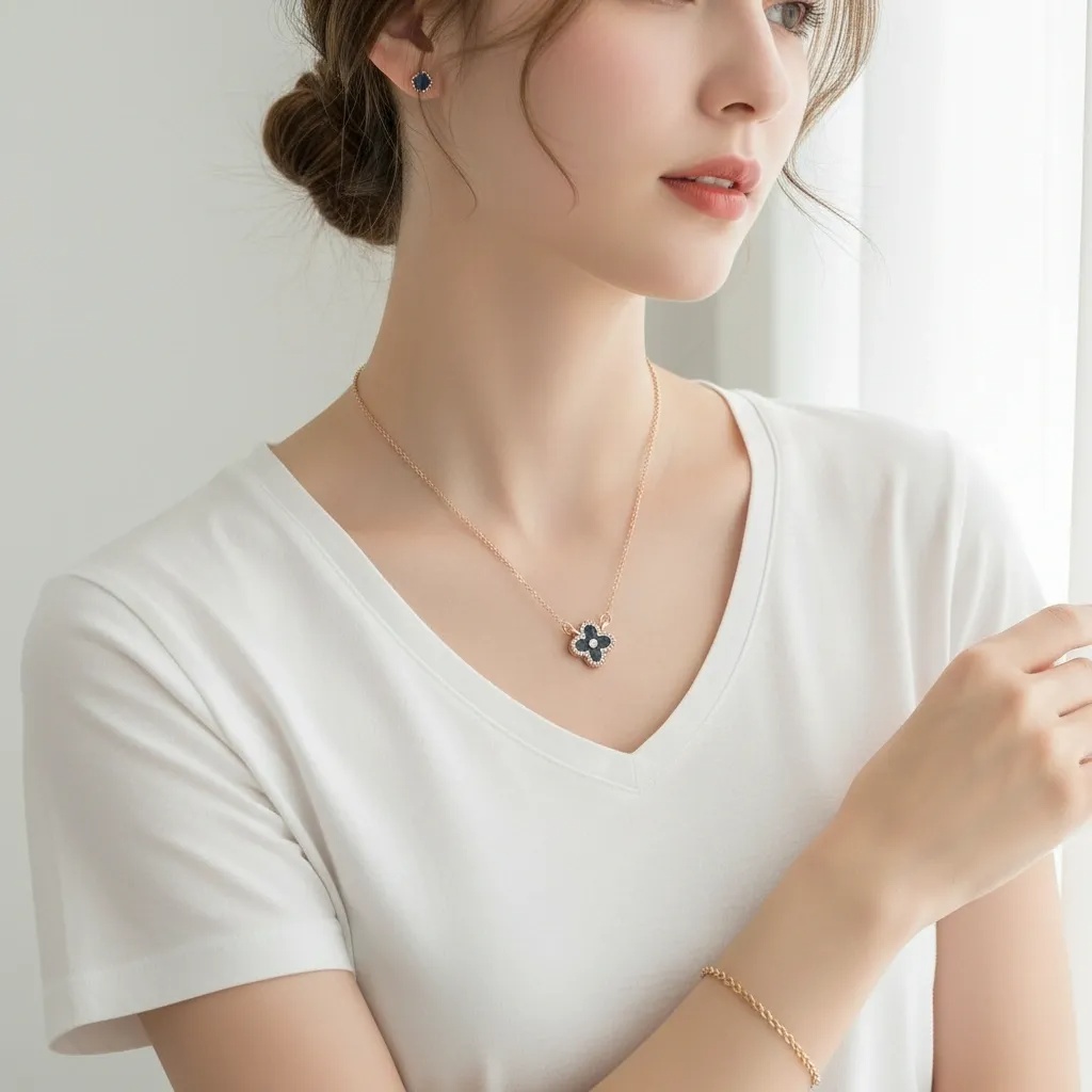 Clover CZ Halo Necklace - Black - Gallery 7