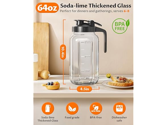 VA1KENE 64oz Mason Jar Glass Pitcher