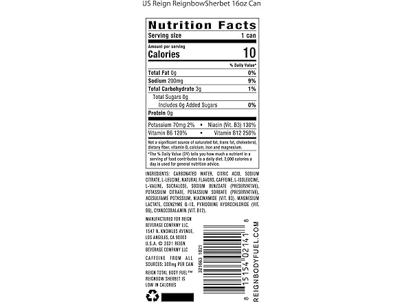 REIGN Total Body Fuel, Reignbow Sherbet, Pack 12
