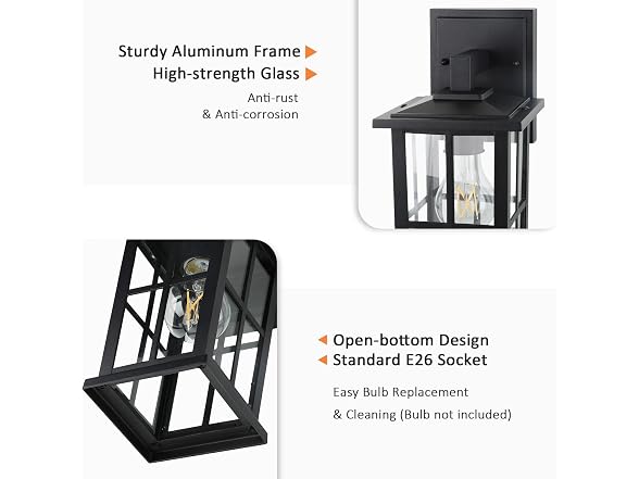 2-Pack Outdoor Wall Light Fixtures, Exterior Porch Lights, Black