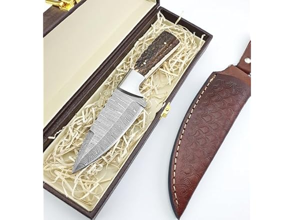 Vetus Hunting Knife Stag Handle Damascus 8"