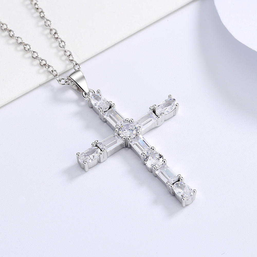 White Gold Plated Cross Necklace - Gallery 4