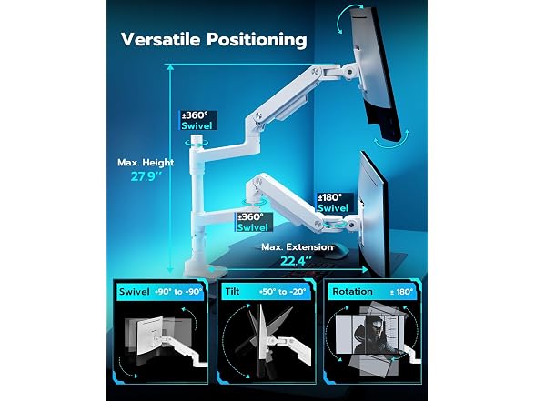 ARES WING 17" to 49" White Stacked Dual Monitor Arm 