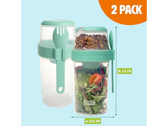 Tasty Salad Shakers with Sporks, 2-Pack Set, Aqua