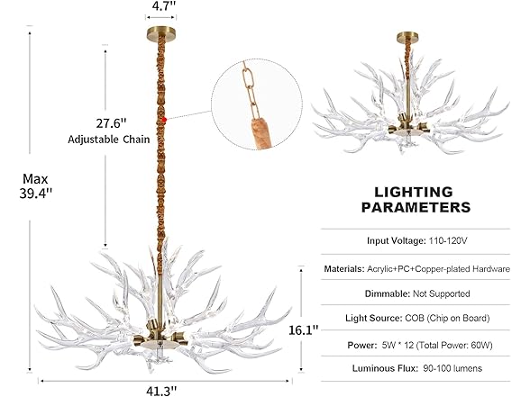 RinkBik Acrylic Antler Chandelier Ceiling Light Fixtures, Deer Antler Chandelier Lighting, Resin Antlers Pendant Light for Dining Room, Living Room, Bedroom, Kitchen, Cabin, Farmhouse 41.3" 12 Lights (Open Box)