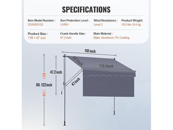 Manual Retractable Awning, 118" Outdoor