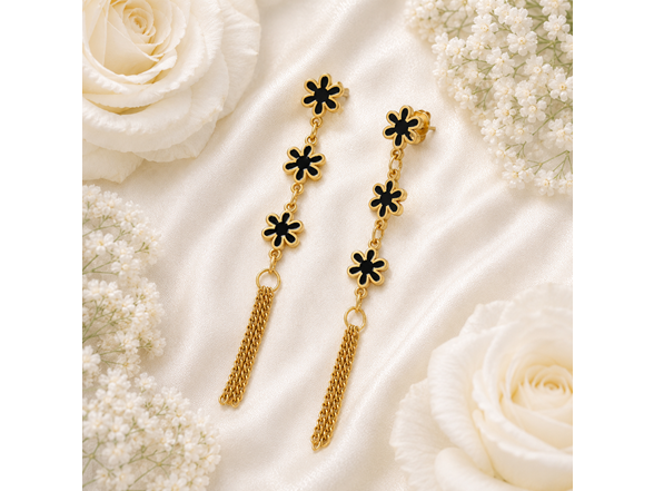 18K Gold Black Flower Tassel Earrings