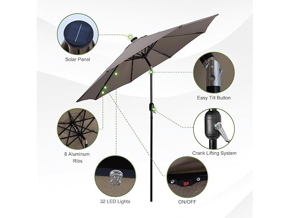 Backyard Expressions 9FT Solar Patio Umbrella Desert Taupe