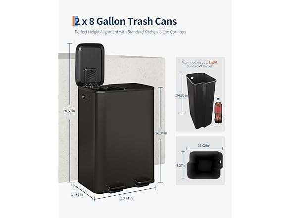 Dual Kitchen Trash Can, 2 x 8 Gal (2 x 30L) 