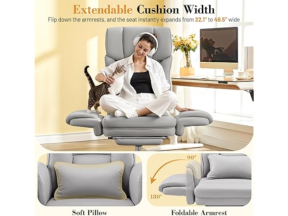 Big and Tall Office Chair, 400LBS Wide Leather Gaming Chair, High Back Executive Chair, Reversible Armrest for Pets 135° Reclining Cross Legged Desk Chair with Lumbar Support Footrest(Silver Gray) (Open Box)