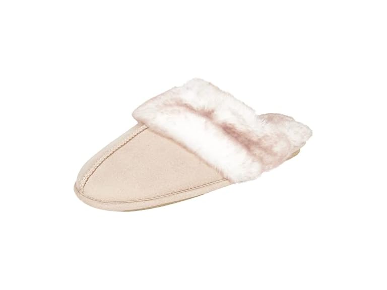 Jessica Simpson Comfy Faux Fur Womens House Slipper Scuff Memory Foam Slip On Anti-Skid Sole (Size Large, Ivory)