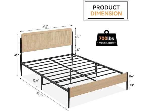 Queen Boho Bed Rattan Headboard Wood Oak