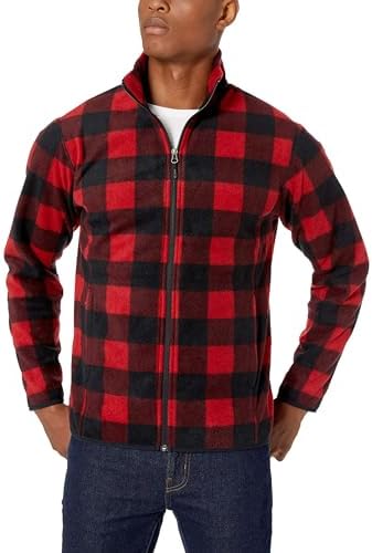Amazon Essentials Men's Full-Zip Fleece Jacket (Available in Big & Tall), Black Red Buffalo Plaid, X-Small