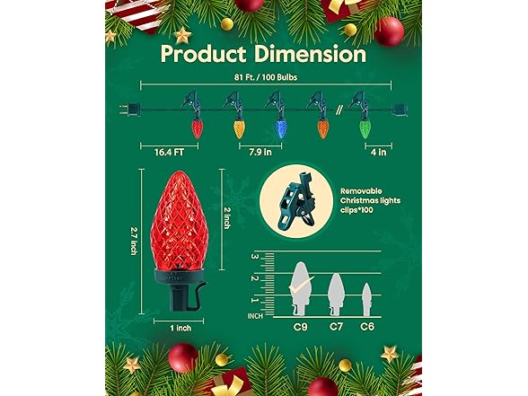 Brightown C9 Christmas Lights Outdoor with 110 Spring Clips, 65FT 110 LED