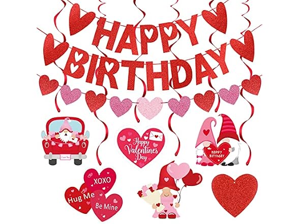 Red Glitter Happy Birthday Valentines Banner